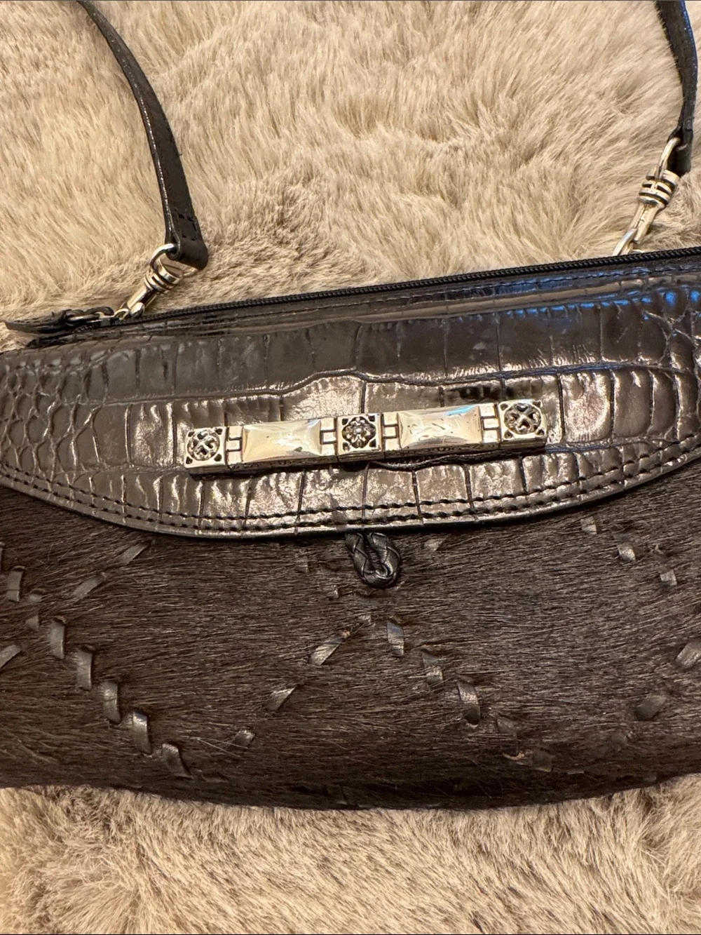 Vintage  Brighton Black Leather & Haircalf Crossbody with Silver Hardware